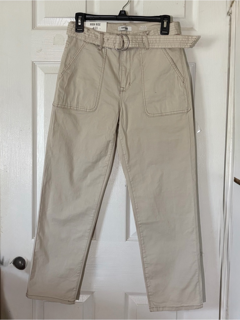 Kensie Jeans THE ALLIE Beige High-Rise Slim straight crop‎ /D-Ring Belt Sz 4/27